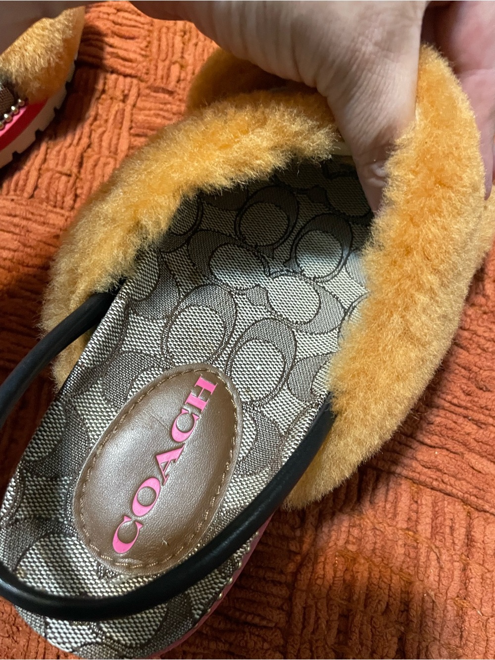 Coach Tally Orange Shearling Cross-Band Slingbacks with Signature Canvas - Picture 11 of 13